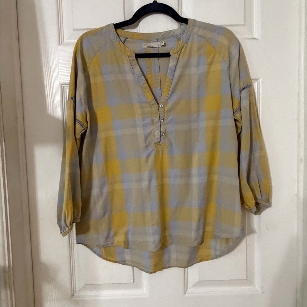 Prana Yellow and Gray Plaid Blouse